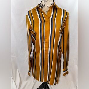 NWT: Lafayette 148 100% Silk Gold/Blue/White Striped Blouse